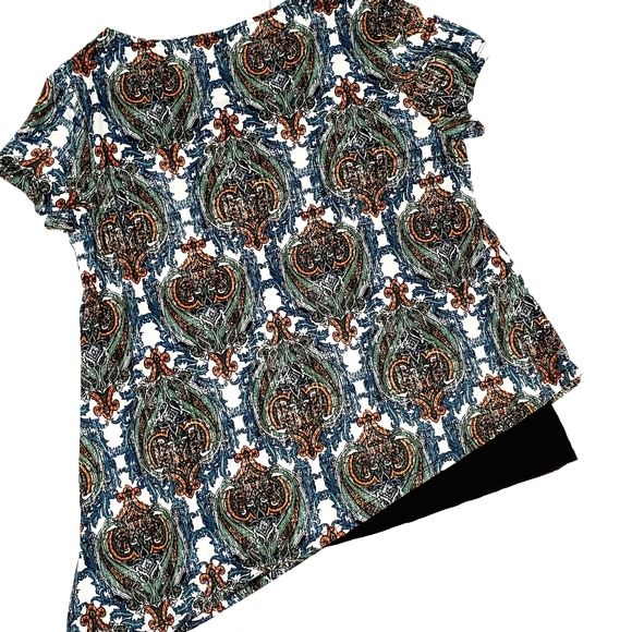 AB Studio Asymmetric Print Scoop Neck Short Sleeve Top Blouse Shirt Size L EUC - Picture 13 of 15